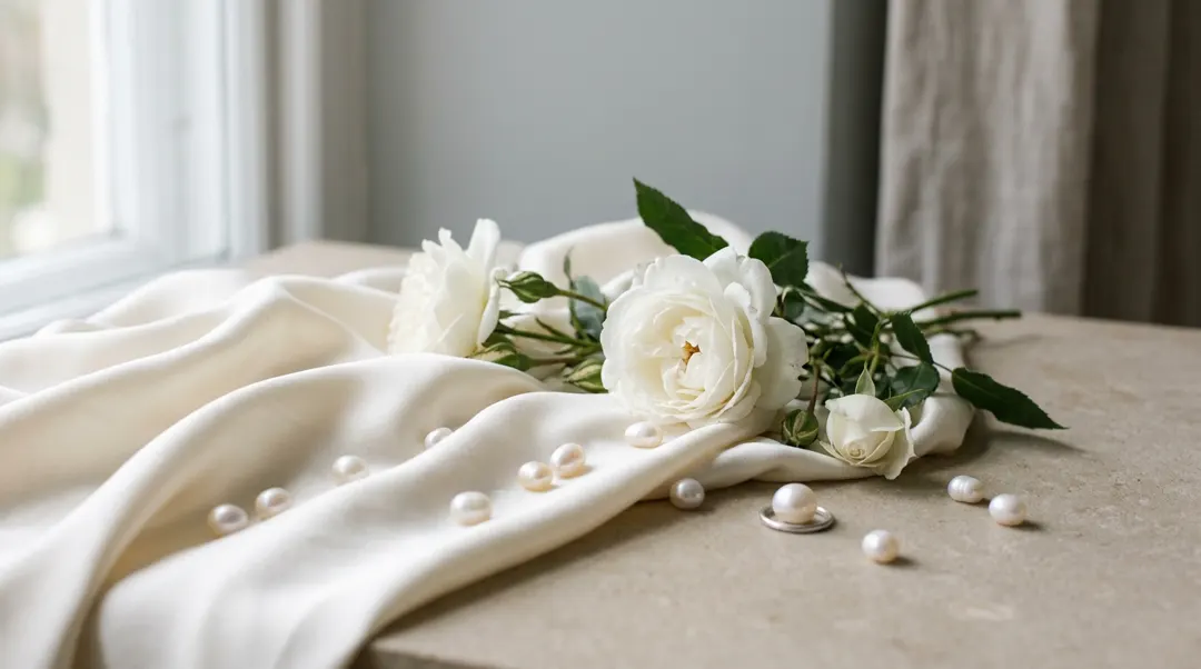 Ivory silk folds with white garden roses and freshwater pearls